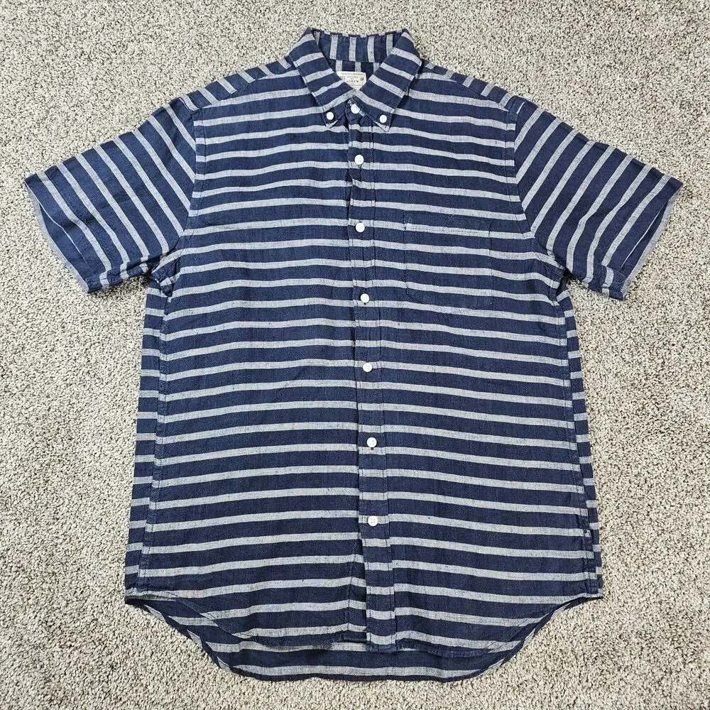J Crew Shirt Mens Medium Blue Gray Striped Linen Button Pocket Casual Beach